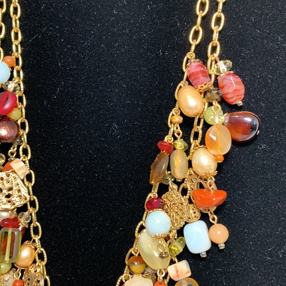 GoldTone Necklace 2 Strand Fall Earthtone Colors Multi Stones Filigree 16.5”+2” - Picture 7 of 11